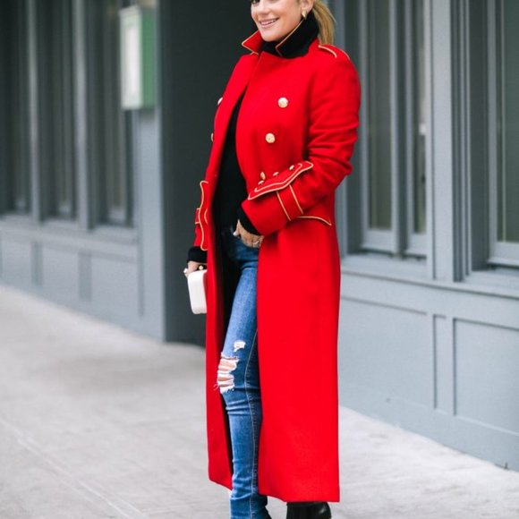 Olivia Palermo for BR Red Wool Maxi Military Coat - Picture 3 of 9